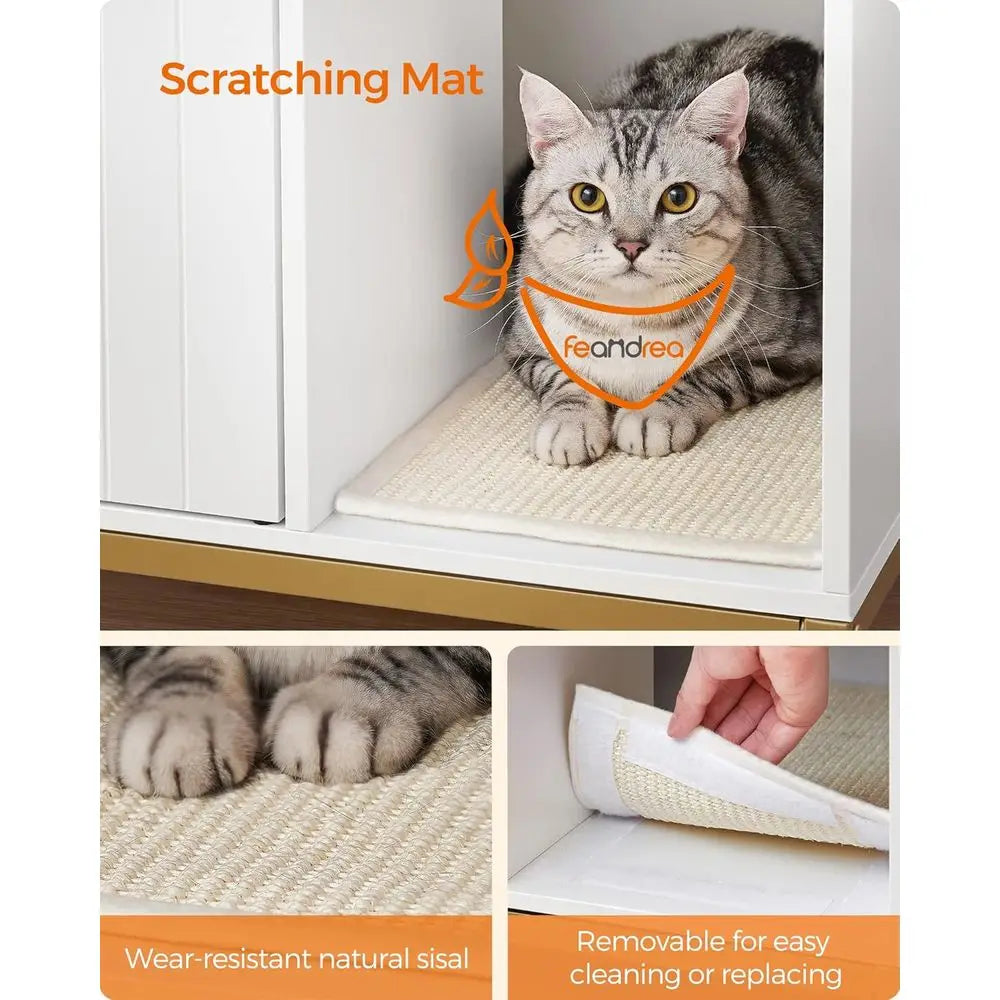 White & Gold Litter Box Cabinet — Winding Entry, Scratch Pad