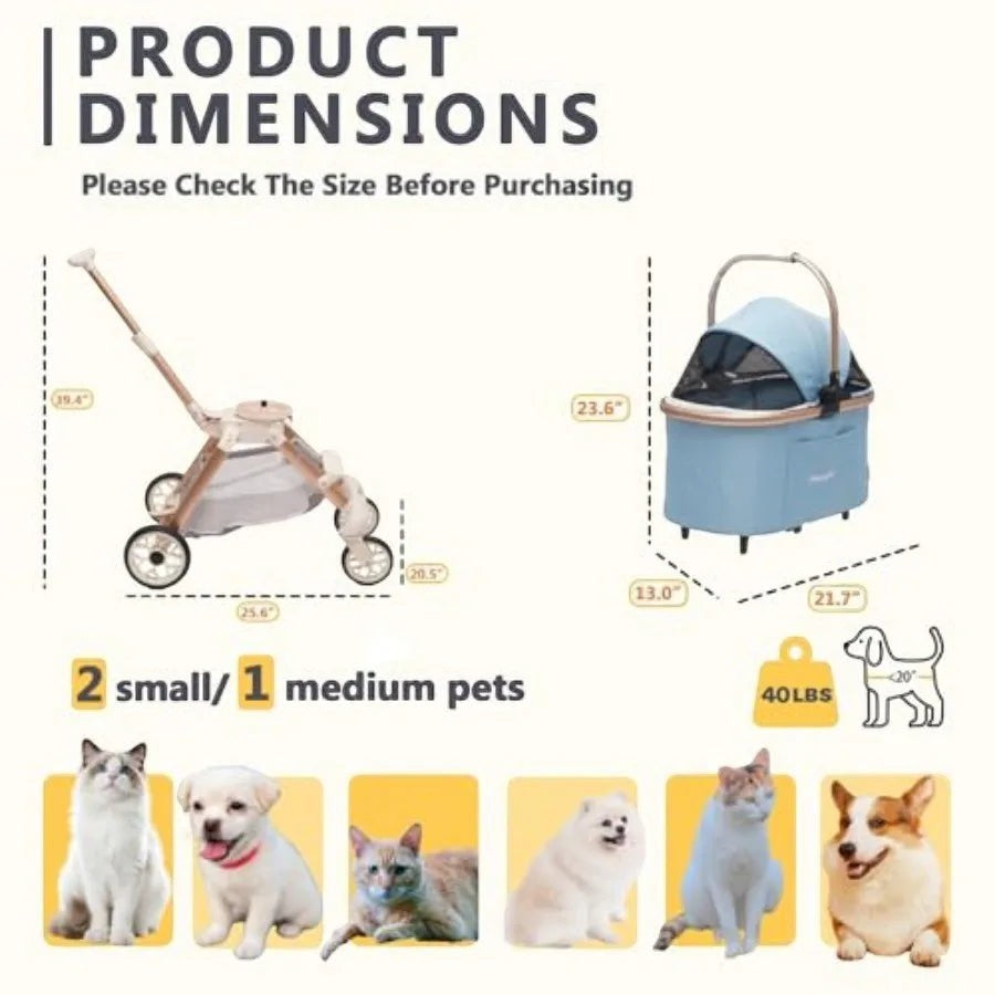 Pet Stroller for Small Dogs and Cats, Aluminum Two-in-one Split, One-Click Foldable Dog Stroller with Detachable Carr
