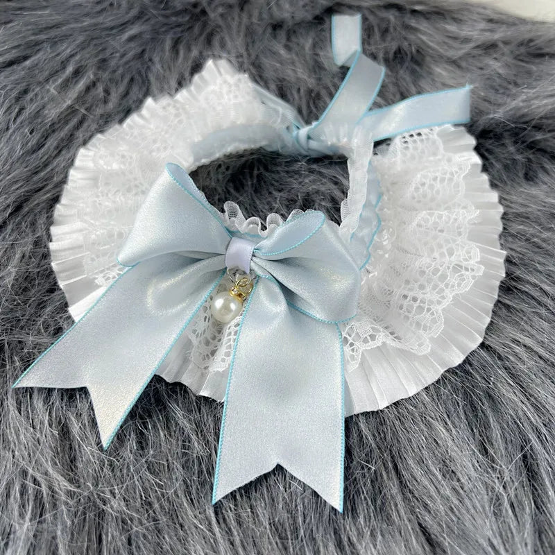 Sweet Cat Dog Bibs Collar Girls Neck Decoration Adjustable White Lace Pink/Blue Bowknot Neckerchief  String Strap Scarf Necklace