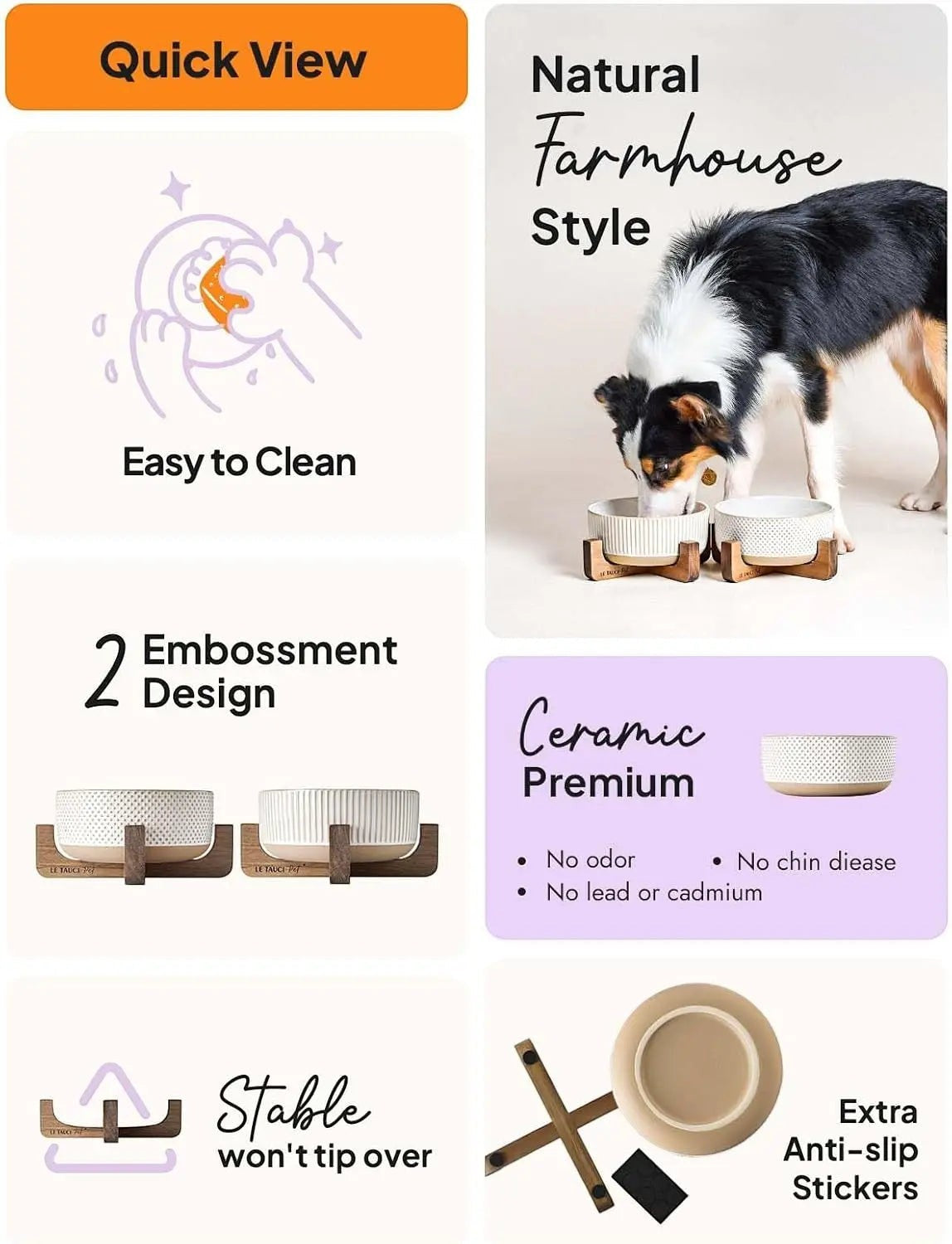 Ceramic Dog Bowls for Medium Large Dogs - 5 Cup Large Dog Food and Water Bowls with Wood Stand, Cute Pet Dishes Set of 2, Lines+Dot