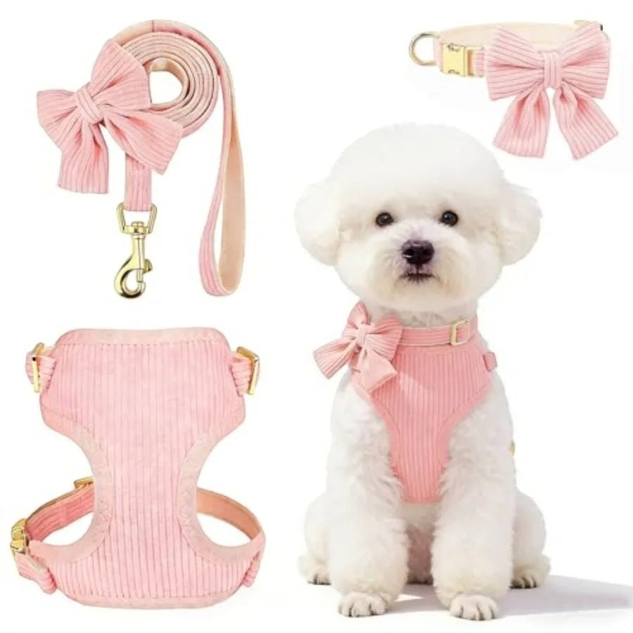 Cute Small Dog Harness Collar and Leash Set with Detachable Bowtie, Adjustable Dog Harness Collar and Leash Set with Secure Met