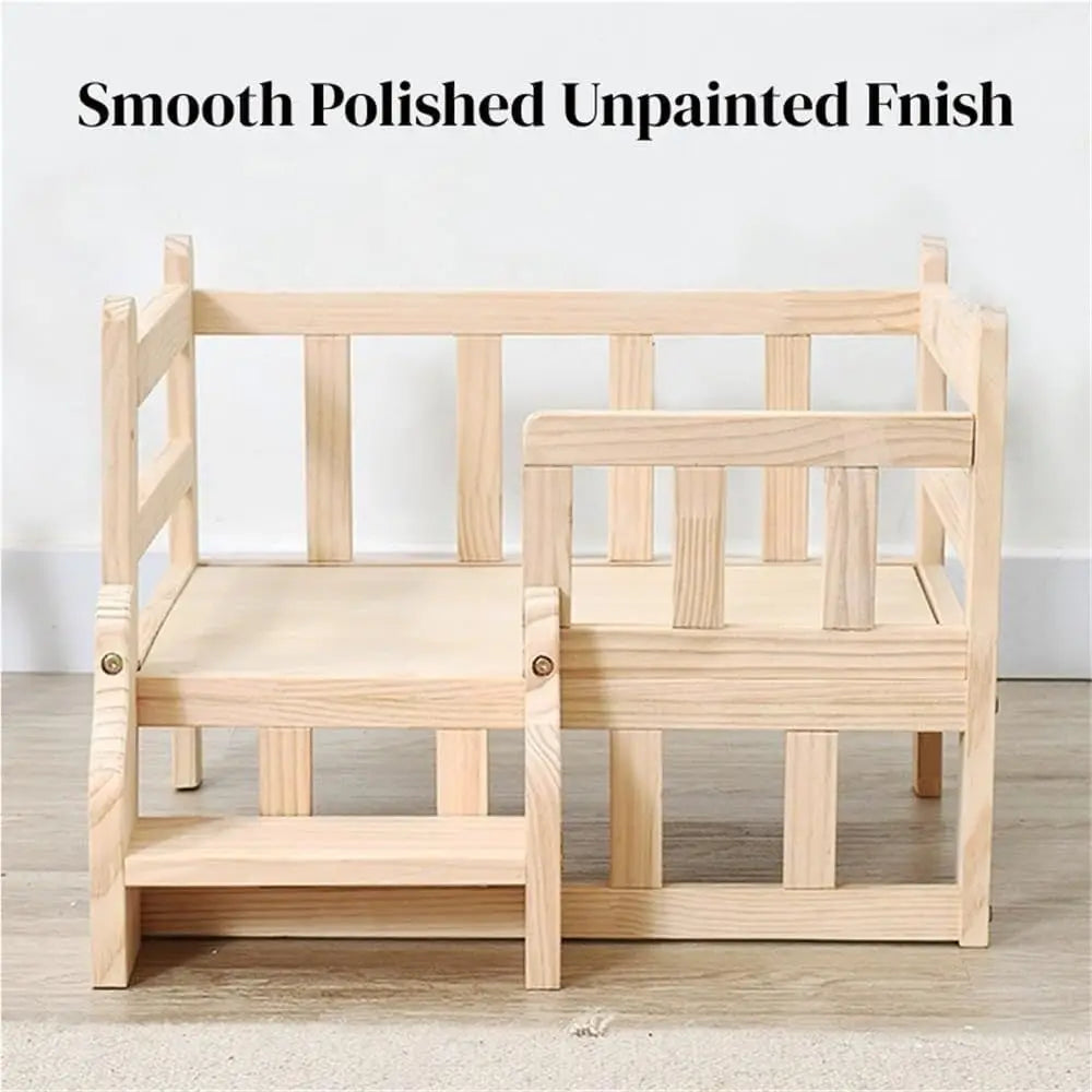 Raised Wooden Dog Bed with Steps and Railing, Easy Clean, 31.5x19.7x15.4