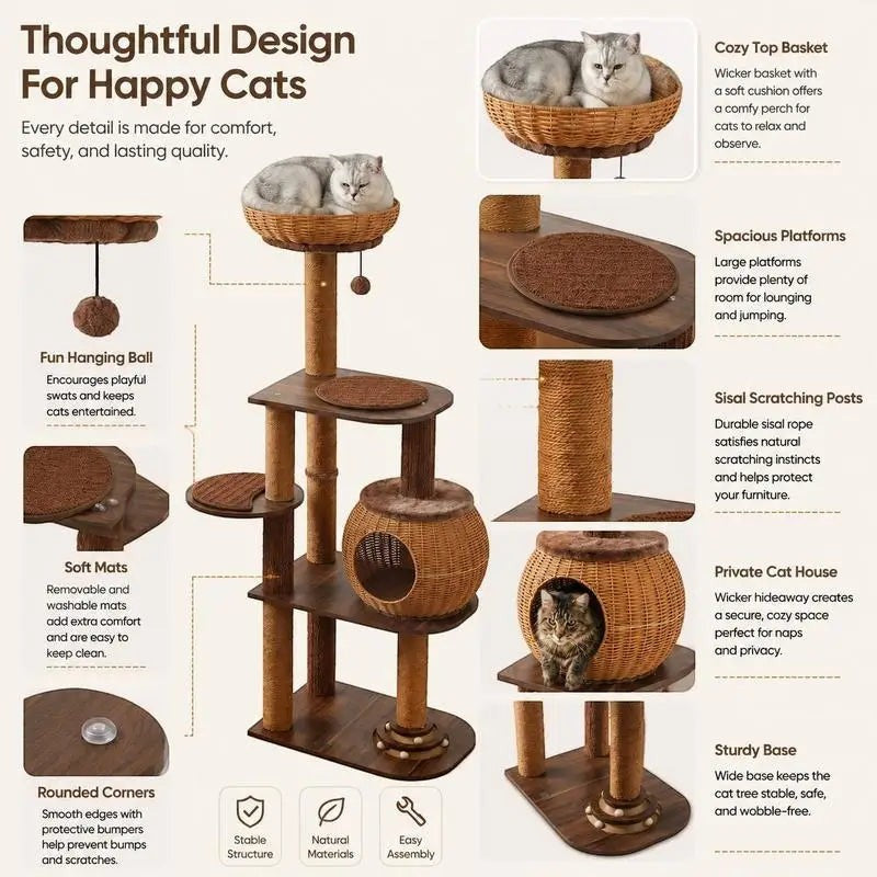 Multi-Level Cat Tree with PE Rattan Condo and Sisal Scratching Posts, Hanging Toy and Top Perch for Indoor Climbing Play, Brown, 59.5 Inch