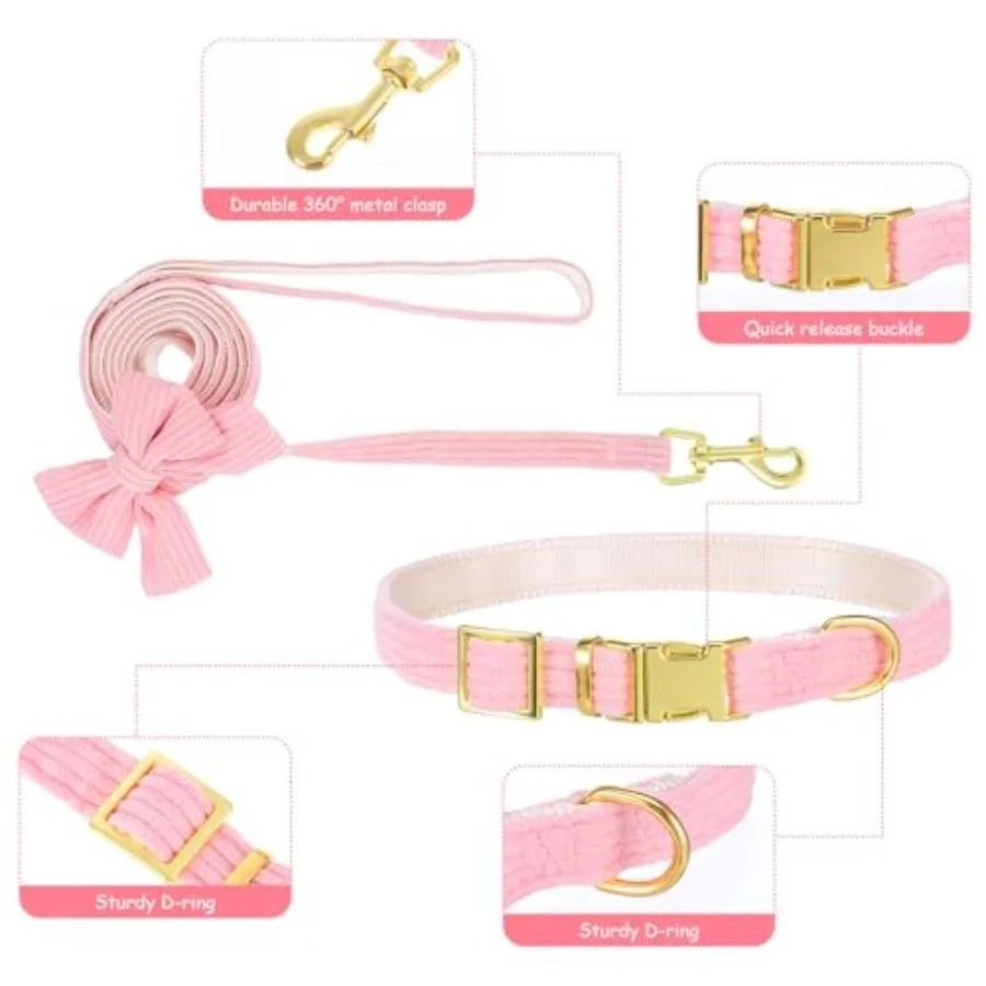 2pcs Dog Collar and Leash Set with Bowtie Cute Small Dog Collar Harness Leash Set Adjustable Breathable Soft Padded for Small M