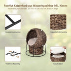PawHut Water Hyacinth Cat Basket with Cushion, Cat Bed, Pet Bed, 50 cm x 42 cm x 60 cm, Brown + Beige