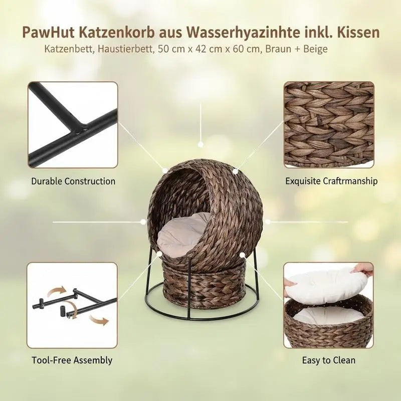 PawHut Water Hyacinth Cat Basket with Cushion, Cat Bed, Pet Bed, 50 cm x 42 cm x 60 cm, Brown + Beige