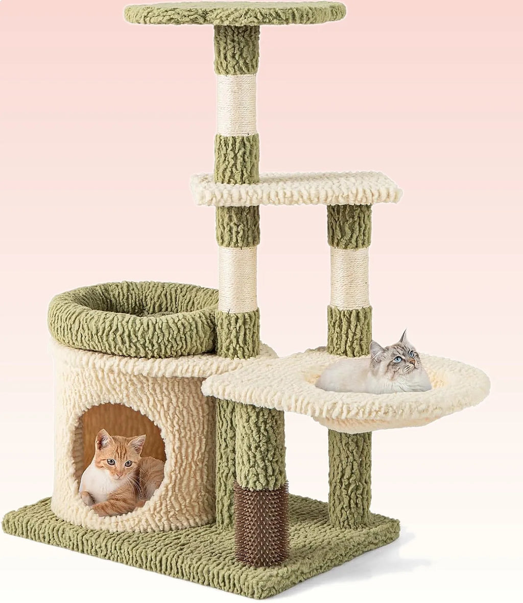 38 Inch Cat Tree with Scratching Posts, Self Groomer, Condo & Basket, Green