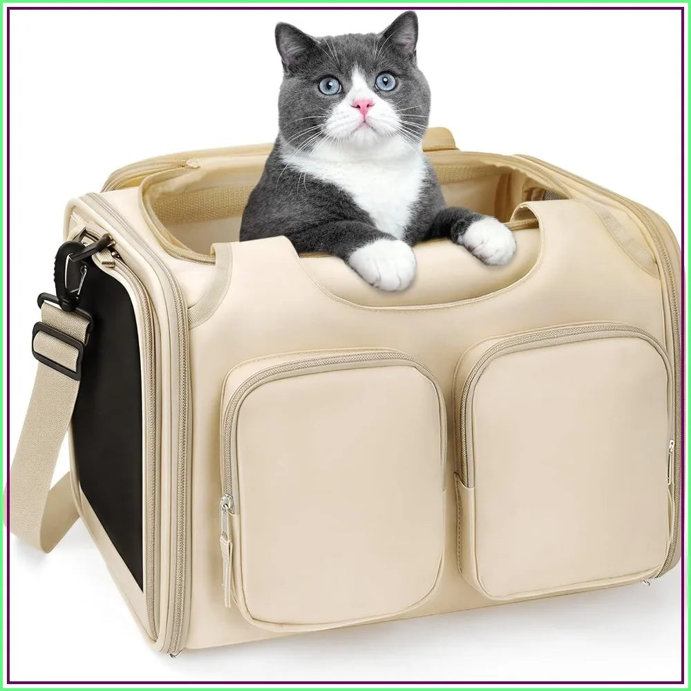 Dog & Cat Carrier for Pets Up to 12 Lbs, Airline Approved Collapsible Soft-Sided Travel Bag with Locking Zippers, Breathable Mesh & 4 Large Pockets, Removable Fleece Pad