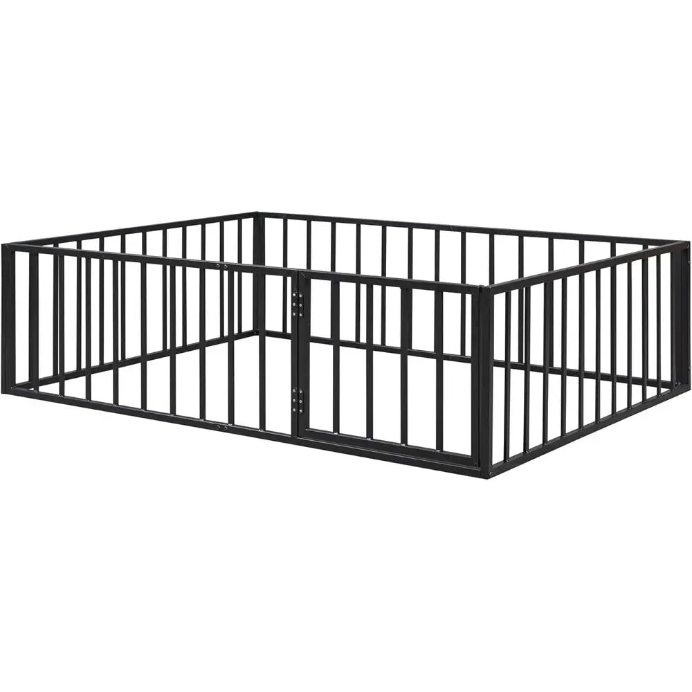 Full Size Metal Bed with Rail and Door for Kids, Suitable for Boys and Girls in Black