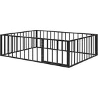 Full Size Metal Bed with Rail and Door for Kids, Suitable for Boys and Girls in Black