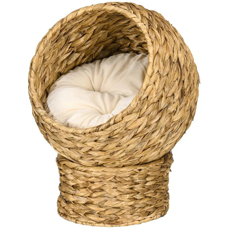 Rattan cat basket, cat cave, cat house, cat bed with cushion, pet bed, water hyacinth, brown, 42 x 33 x 52 cm