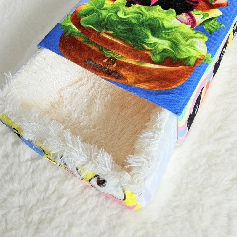 BOOTEELY Cartoon Hamburger Black Cat Snack Box Plush Cat Bed Spacious Cozy Pet Nest For Cats' Comfortable Rest With Cute Design