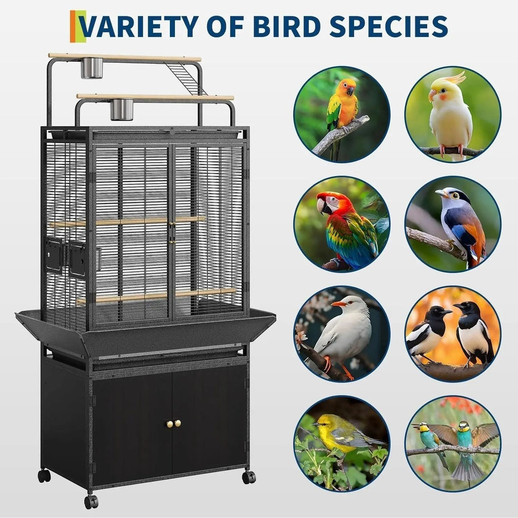 Large Bird Cage, 71" h Rolling Birdcage with Play Top & Storage Cabinet, Wood Parakeet Cage for Macaw Parakeet Parrot Cockatiel Budgie (Dark Walnut)