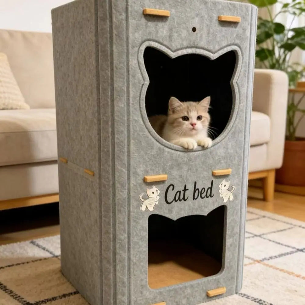 Creativity Double Layer Cat House Felt Foldable Cat Castle Bed Breathable Wear-resistant Cat Scratching Board Cat Supplies