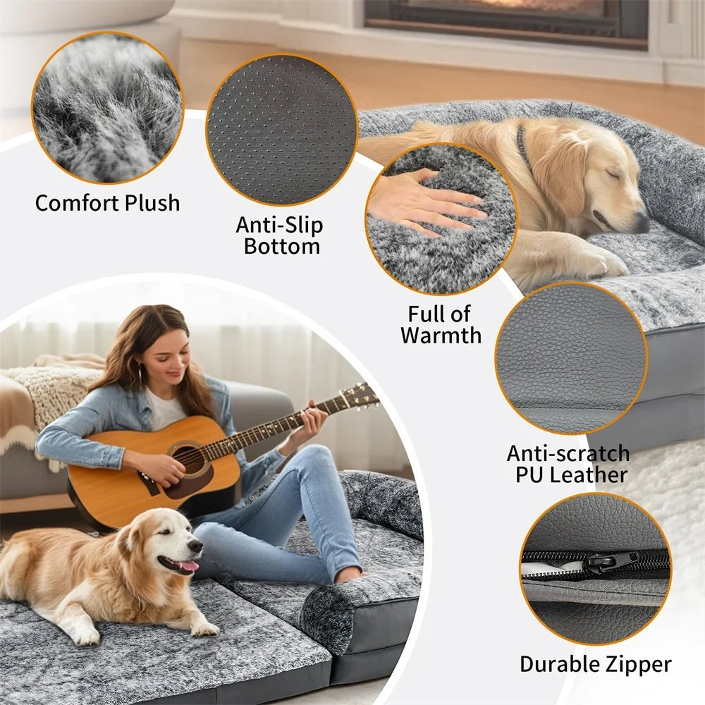 Foldable Human Dog Bed for Adult 2 in 1 Calming Large Dog Bed Washable Waterproof Dog Sofa Couch Bed Plush Cover Bolster Lounge