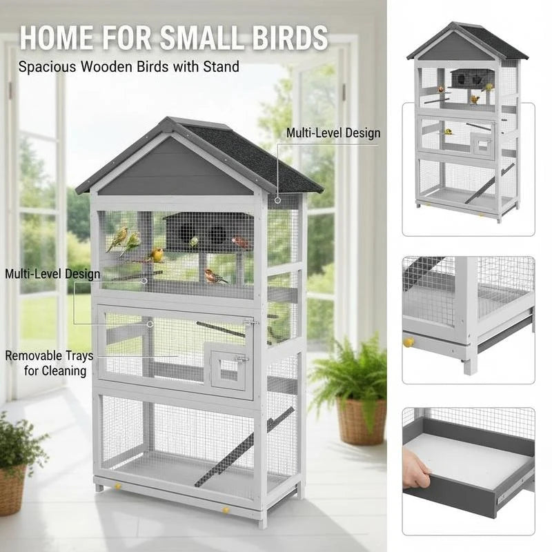 Wooden Bird Cage, with Stand, for Finches, Parakeets, Small birds - Grey
