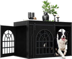 Black 45.1 Inch Wooden Dog Crate Furniture with Sliding Barn Door, 2-in-1 Pet Kennel & TV Console Table with 3 Hanging Hooks, Chew Resistant Multi-Purpose Indoor Pet Enclosure