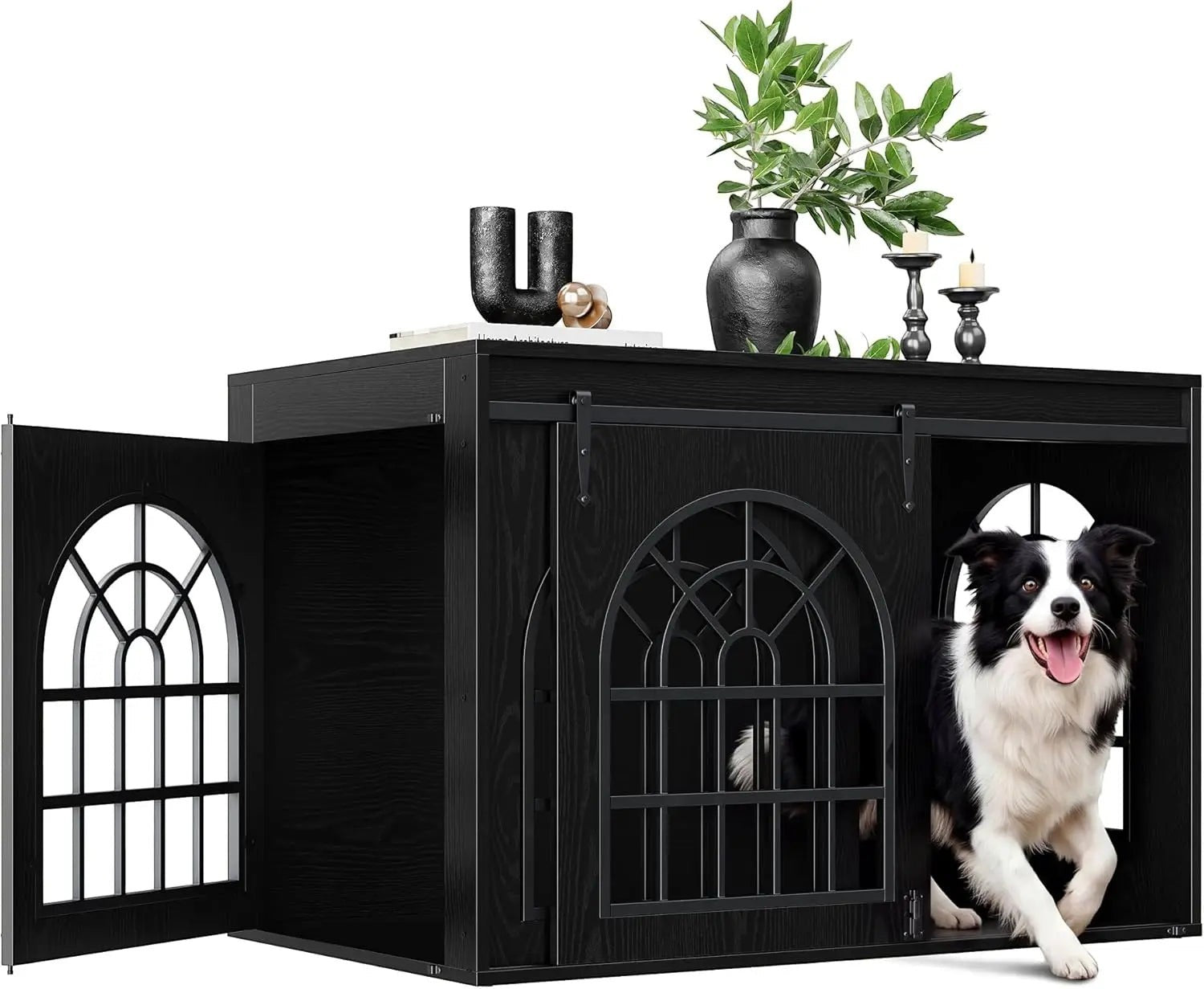 Black 45.1 Inch Wooden Dog Crate Furniture with Sliding Barn Door, 2-in-1 Pet Kennel & TV Console Table with 3 Hanging Hooks, Chew Resistant Multi-Purpose Indoor Pet Enclosure