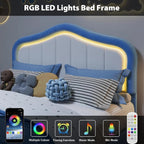 Kids Upholstered Bed Frame with LED Crown Headboard, Velvet Fabric and Metal-Wood Construction, Modern Princess Style Platform B