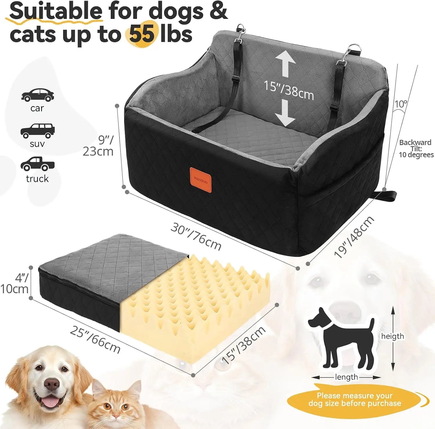 Memory Foam Dog Car Seat for Medium/Large Dogs, Booster Seat for Backseat with Safety Leashes, Black/Grey, Large