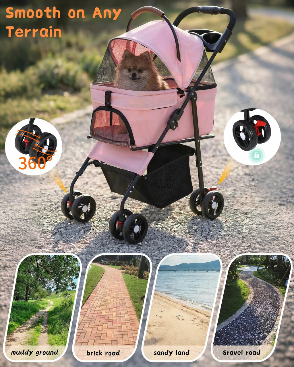 Portable Pet Stroller with Removable Pet Carrier Foldable Stroller for Small to Medium-Sized Cats and Dogs