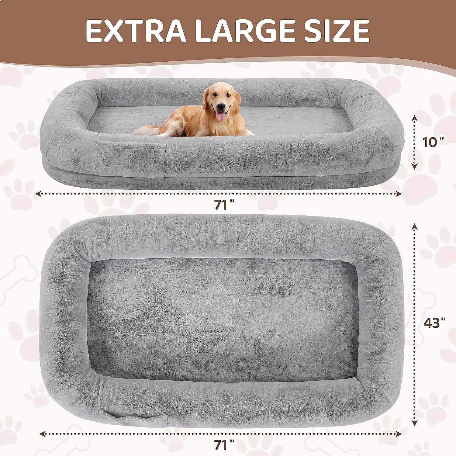 Kromax 71x43x10 Large Human Dog Bed for Adults Orthopedic Washable Cover Light Grey