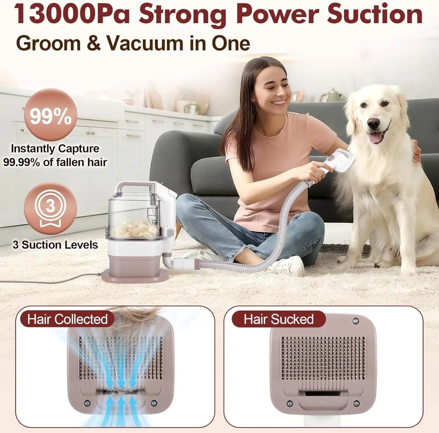 3.2L Pet Grooming Vacuum, 12000Pa Suction, Low Noise, 5 Tools for Dogs & Cats