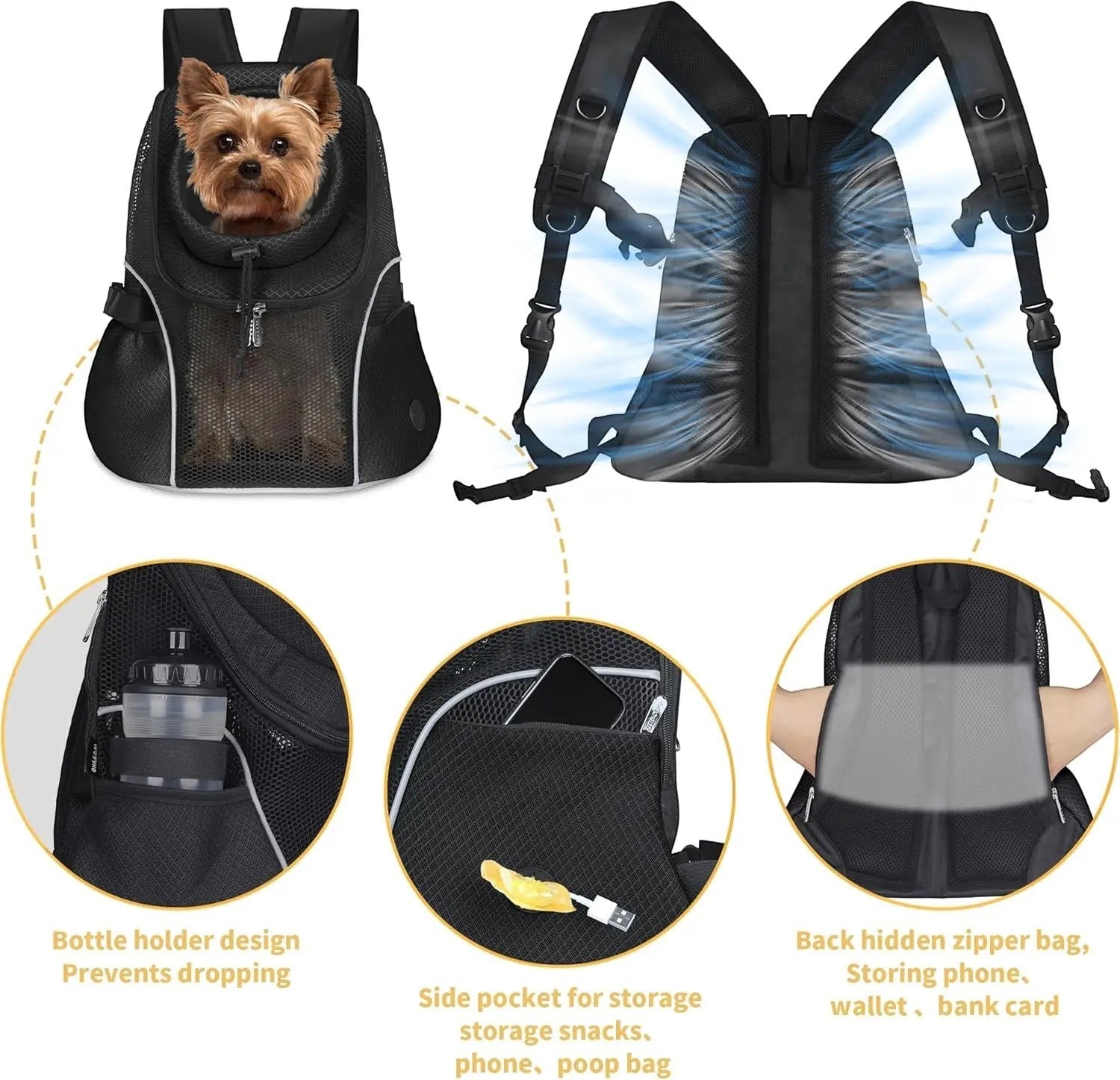 Dog Carrier Backpack for Small Dogs, Ventilated Mesh Travel Back Pack with Safety Belt for Hiking Cycling Outdoor Use, Black