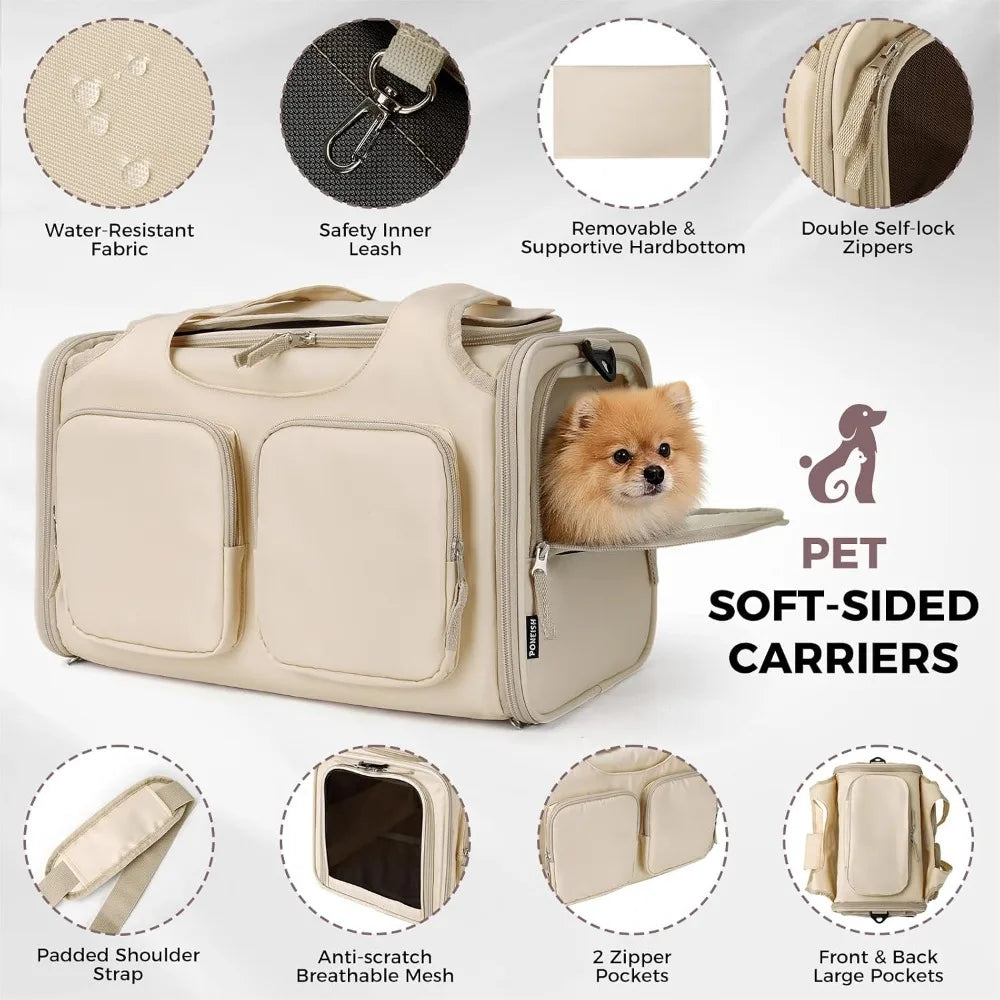 Dog & Cat Carrier for Pets Up to 12 Lbs, Airline Approved Collapsible Soft-Sided Travel Bag with Locking Zippers, Breathable Mesh & 4 Large Pockets, Removable Fleece Pad