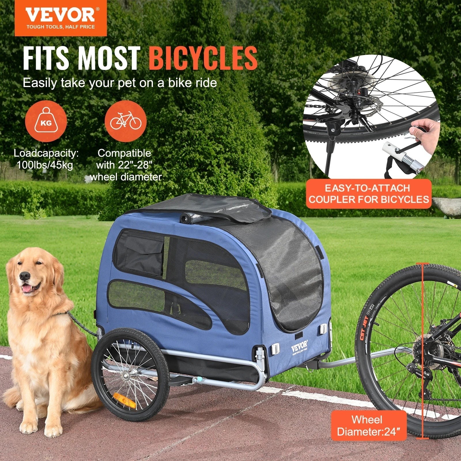 100lbs Pet Cart Bicycle Carrier Dog Bike Trailer with Coupler, Reflectors, Flag, Collapsible to Store for Dogs Travel