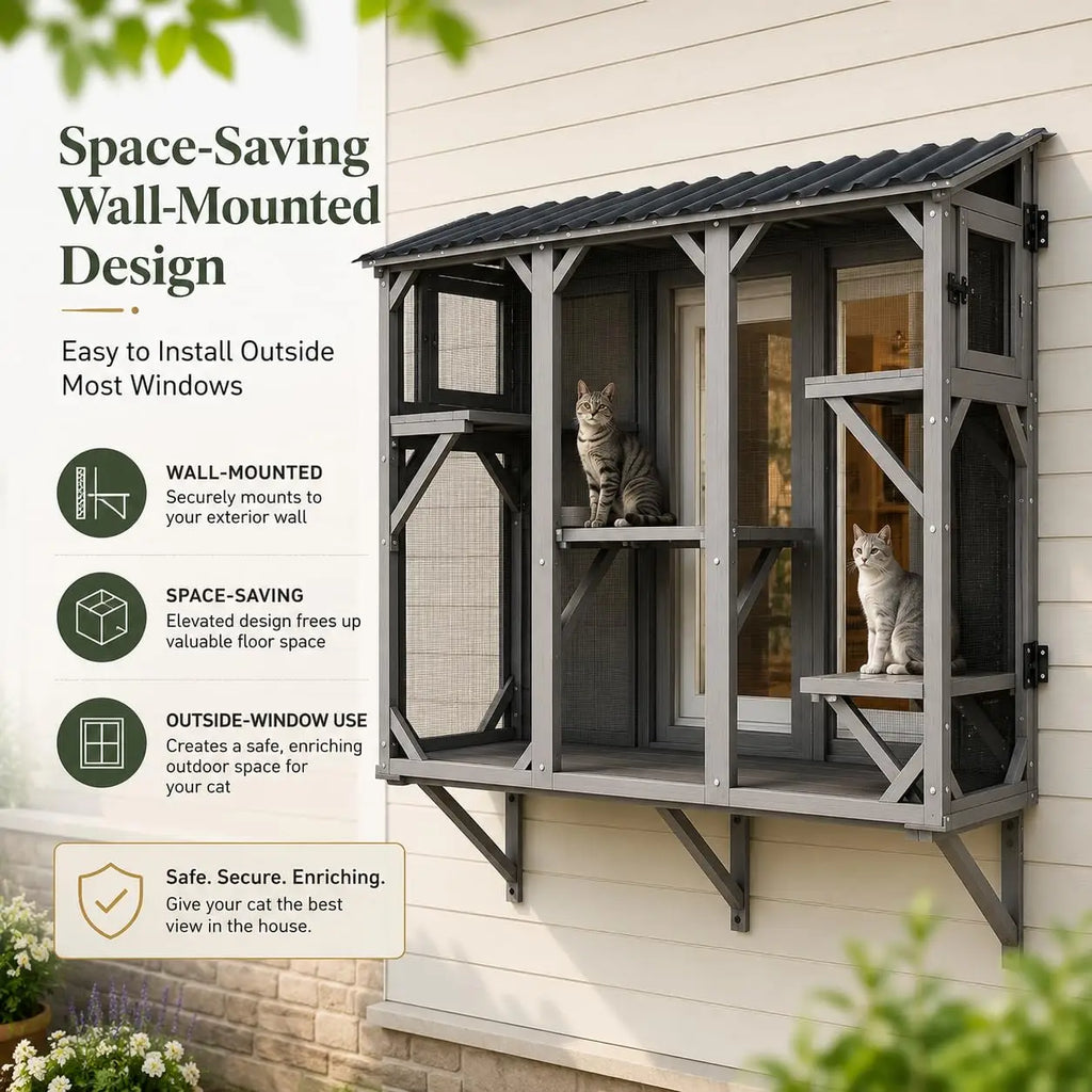 Catio Cat Enclosure, Wood Window Box, UV-Resistant Roof & Rust-Resistant Steel Mesh, Pet House with 2 Lounging Boxes and 5 Platforms, All-Weather Use, Keeps Insects Out