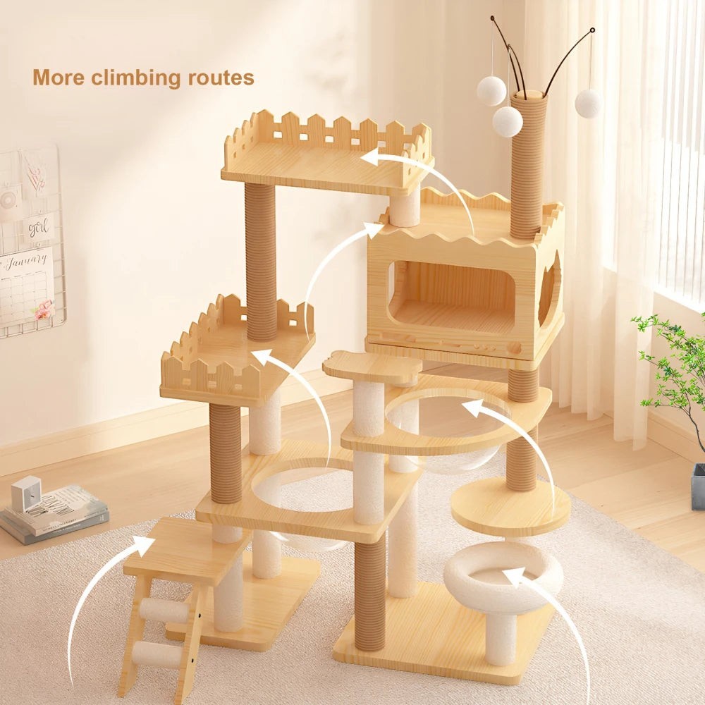 Modern Wooden Cat Tree Tower for Indoor Cats, Multi-Level Cat Condo with Sisal Scratching Posts, Top Perch & Acrylic Hammock, Durable Large Activity Center for Multiple Kittens