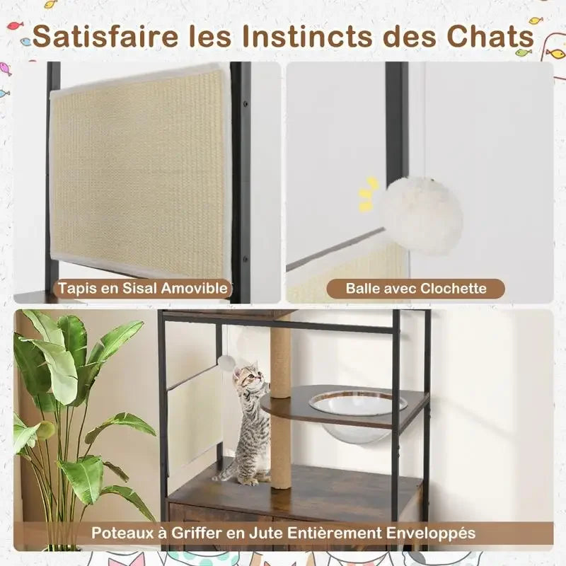 Cat Tree with Litter Box Enclosure Industrial Cat Tower Multi-level Cat Condo Furniture for Indoor Cats-Rustic Brown