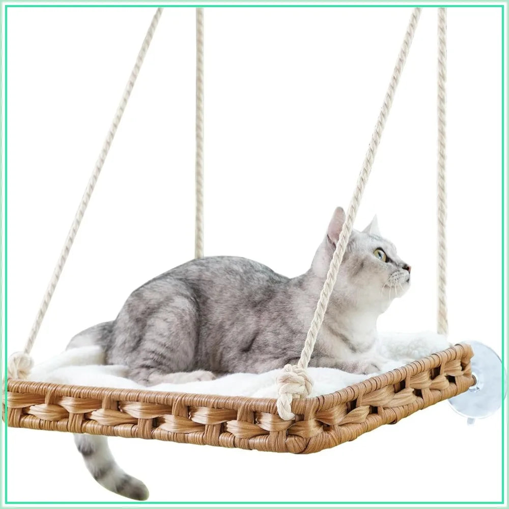 Cat Window Perch Hammock Bed for Indoor Cats, Large Handwoven PE Rattan Window Seat, 4 Suction Cups, Washable Cushion, 2.3 Inch Fence Shelf