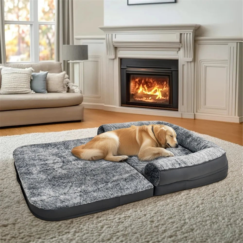 Foldable Human Dog Bed for Adult 2 in 1 Calming Large Dog Bed Washable Waterproof Dog Sofa Couch Bed Plush Cover Bolster Lounge