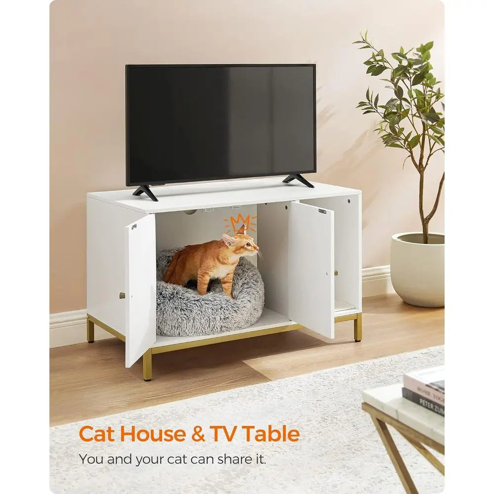 White & Gold Litter Box Cabinet — Winding Entry, Scratch Pad