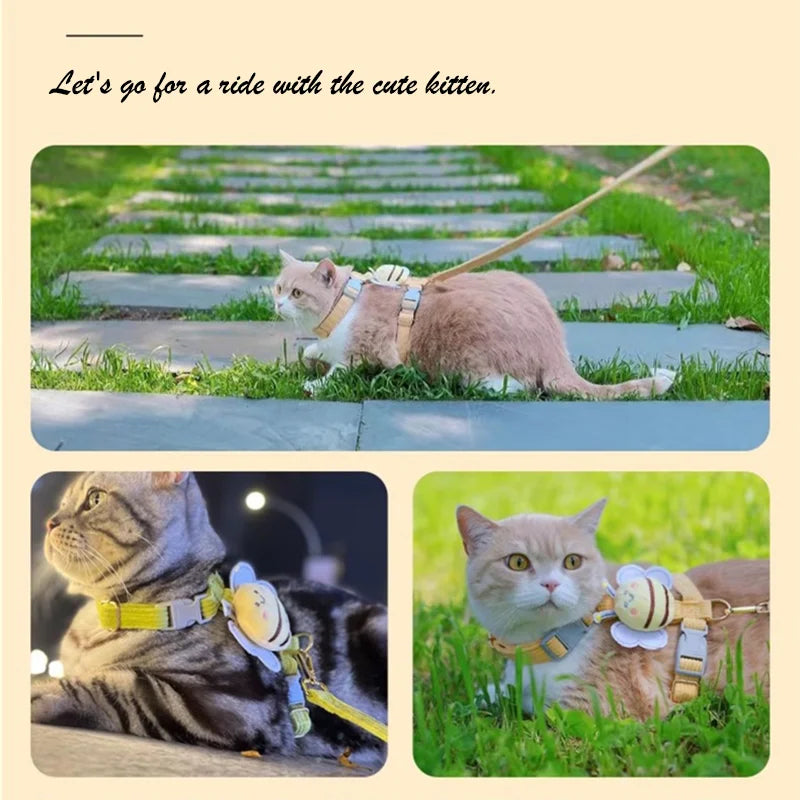 Cute Bee Cat Harness Leash Set I Shape Escape Proof Adjustable Chest Strap Lightweight Breathable Outdoor Walking Rope For Cat