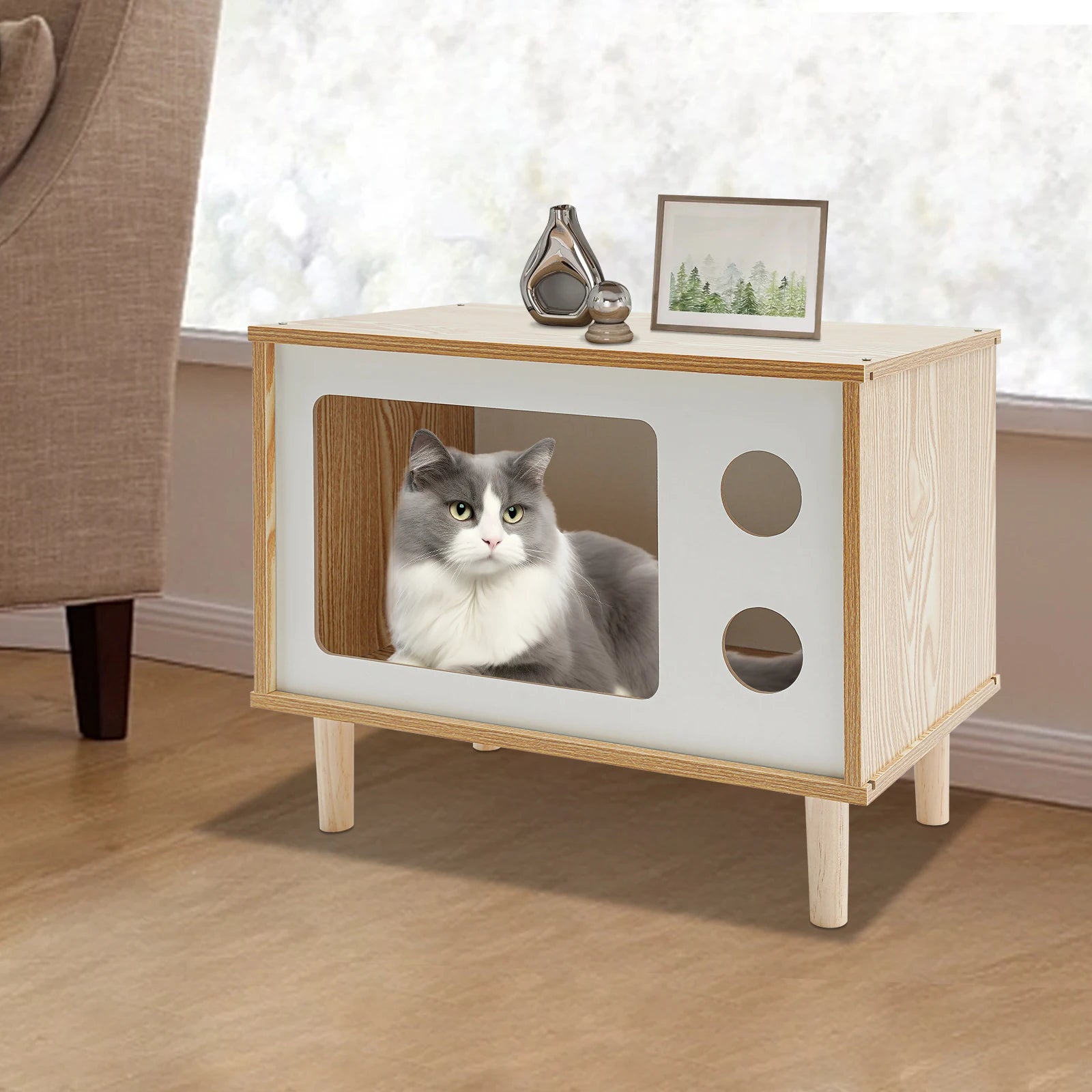 Marlowe Mid-Century Cat House — Solid Wood TV-Stand Silhouette