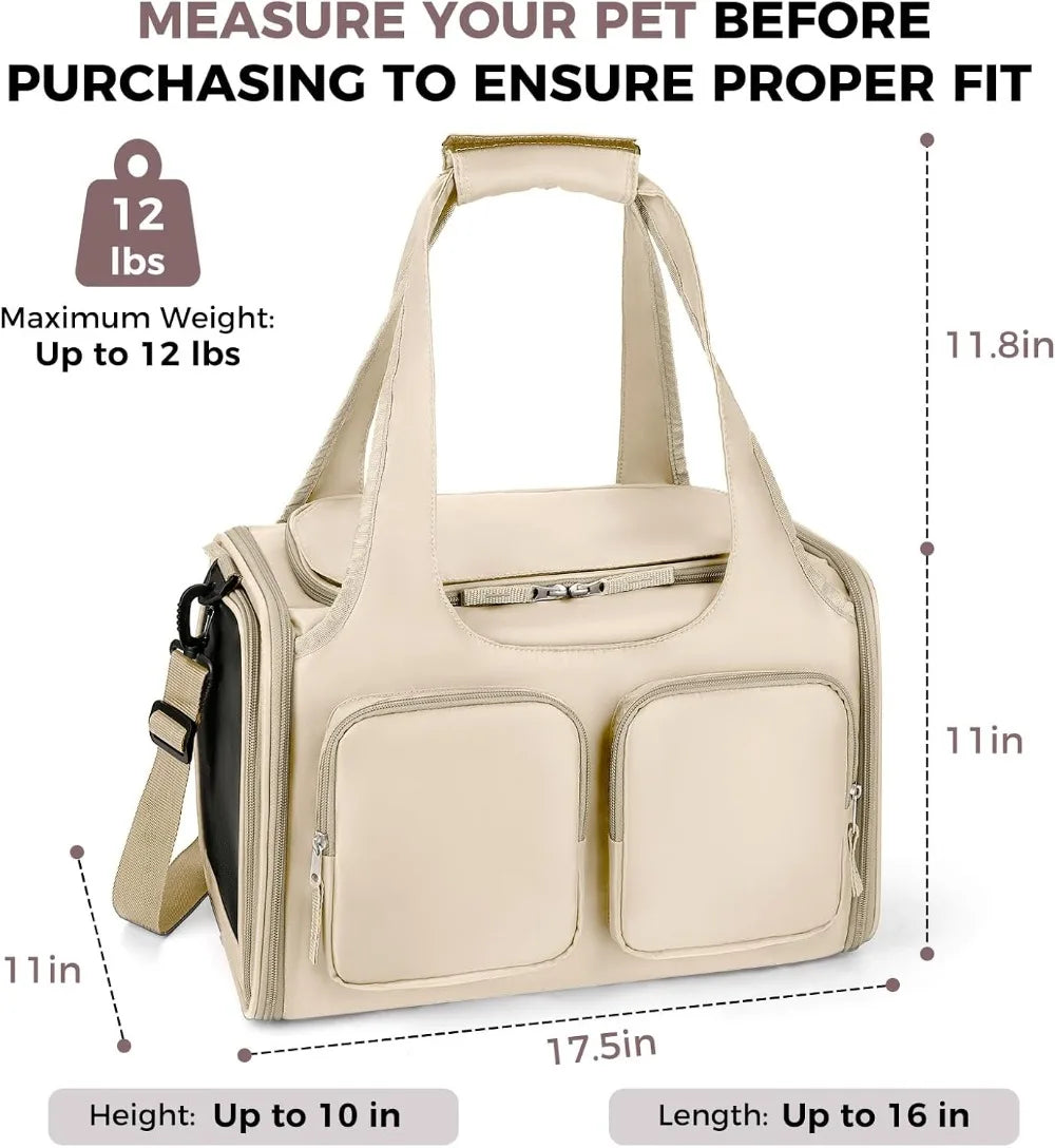 Dog & Cat Carrier for Pets Up to 12 Lbs, Airline Approved Collapsible Soft-Sided Travel Bag with Locking Zippers, Breathable Mesh & 4 Large Pockets, Removable Fleece Pad