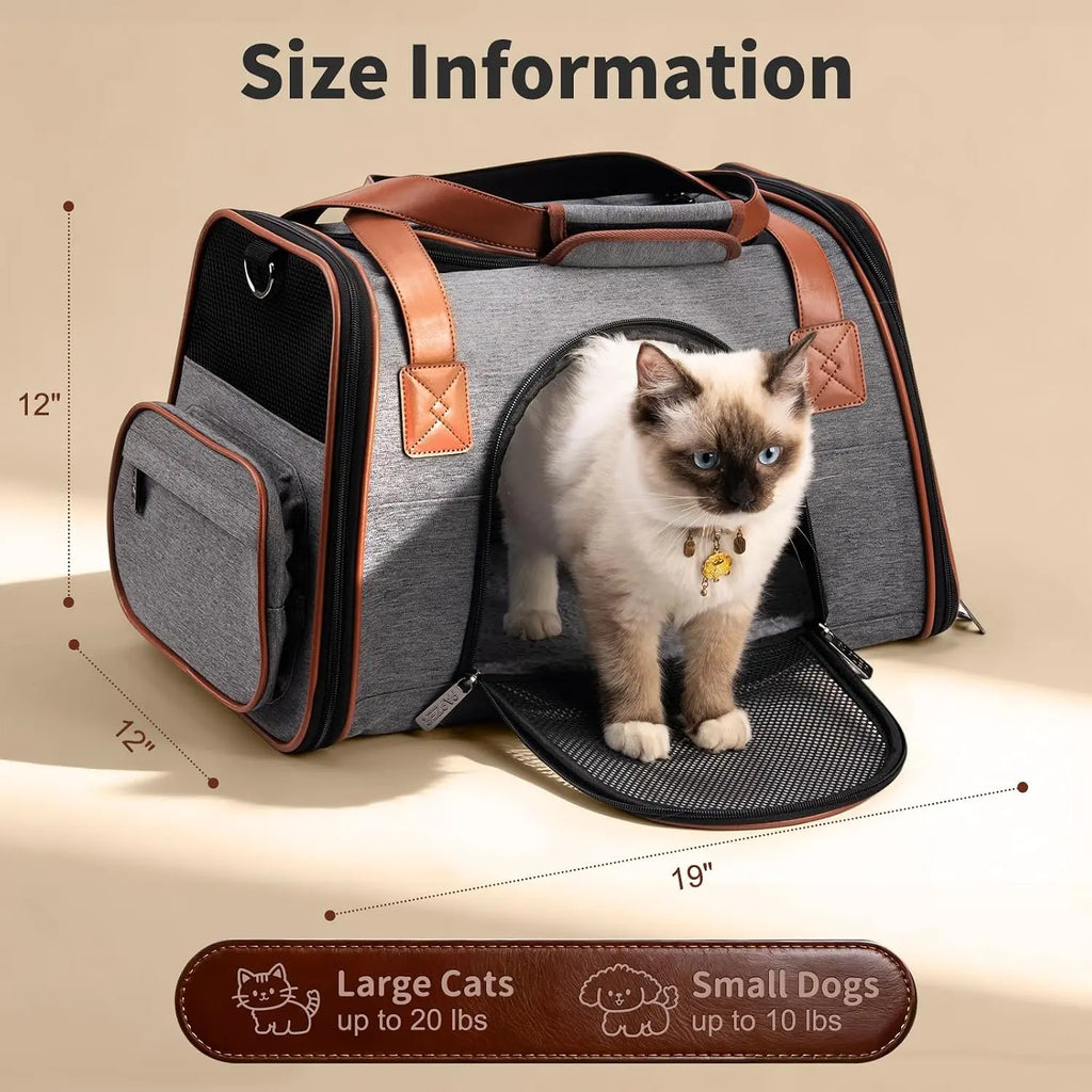 Premium Pet Carrier for Medium to Large Cats, Durable Leather & Oxford Fabric, Top & Side Load, Foldable, for Travel & Car
