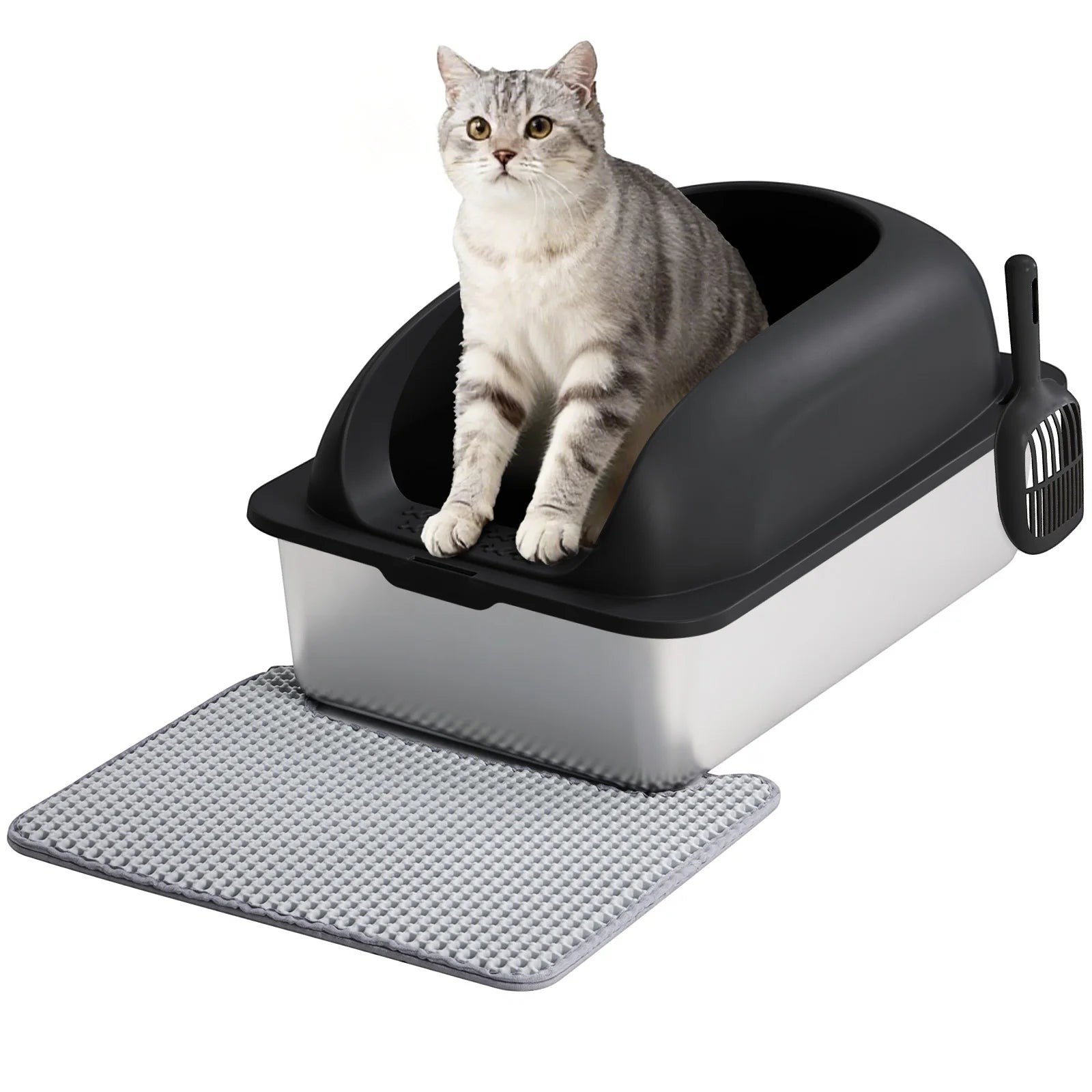 Stainless 24IN Steel Cat Litter Box with Lid Large Cat Litter Box for Big Cats Anti-Urine Leakage Scoop and Mat Included
