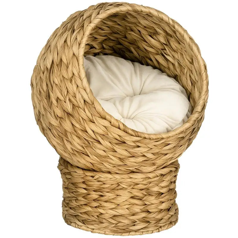 Rattan cat basket, cat cave, cat house, cat bed with cushion, pet bed, water hyacinth, brown, 42 x 33 x 52 cm