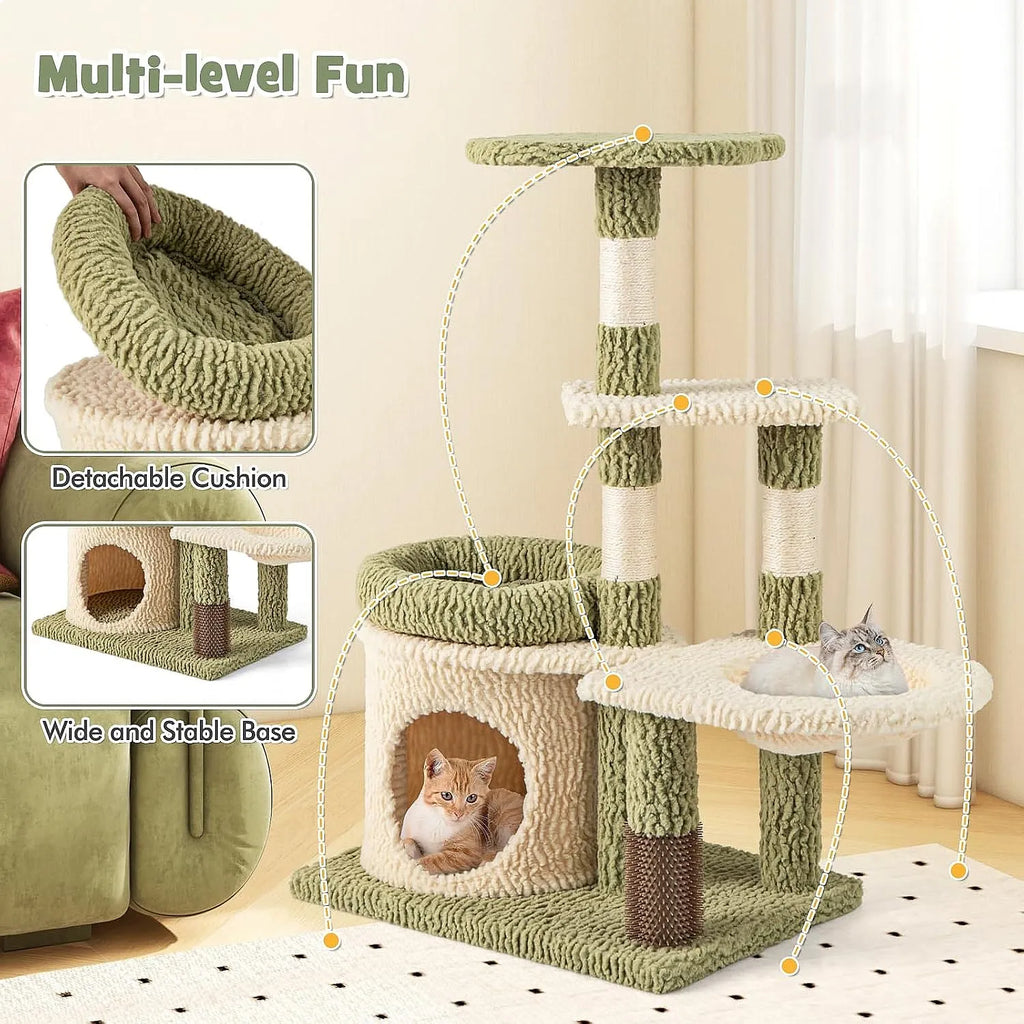 38 Inch Cat Tree with Scratching Posts, Self Groomer, Condo & Basket, Green