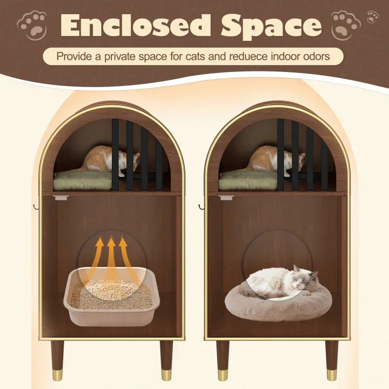 Cat Litter Box Enclosure , 2-in-1 Condo Cat Bed, Cat Shelter Furniture with Two-Level Cozy Haven for 2 Cats, Cute Kitty Condo for Sleeping, Luxury Cat House& Furniture, Espresso