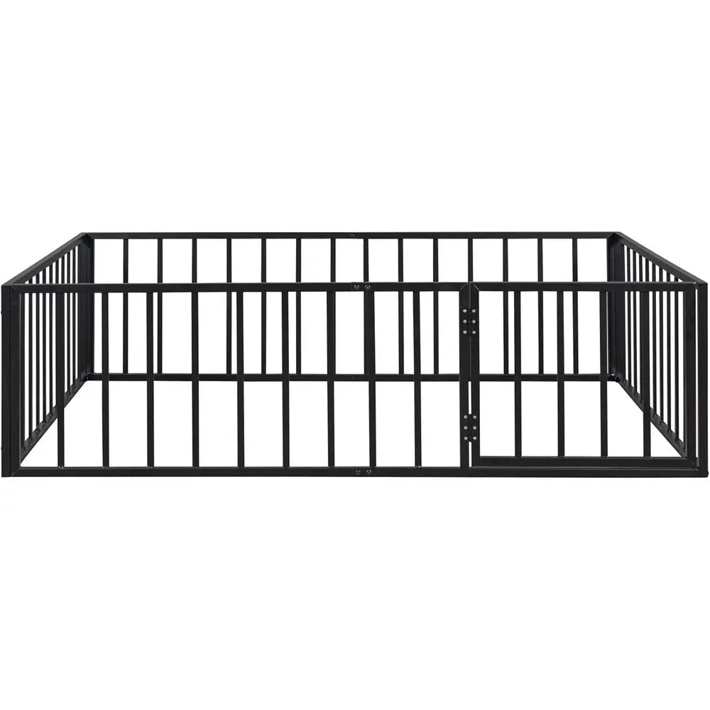 Full Size Metal Bed with Rail and Door for Kids, Suitable for Boys and Girls in Black