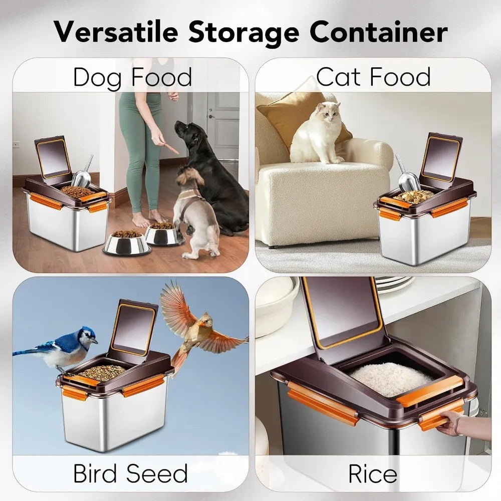 Stainless Steel Dog Food Container, 11lb/16lb Airtight Pet Food Storage Bin with Scoop, Keep Dry Food Fresh, Brown
