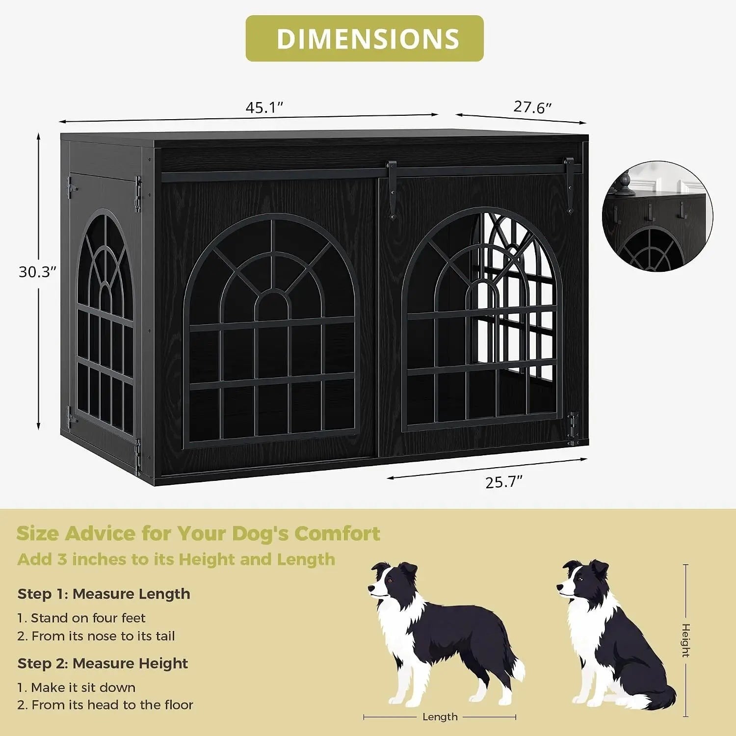 Black 45.1 Inch Wooden Dog Crate Furniture with Sliding Barn Door, 2-in-1 Pet Kennel & TV Console Table with 3 Hanging Hooks, Chew Resistant Multi-Purpose Indoor Pet Enclosure