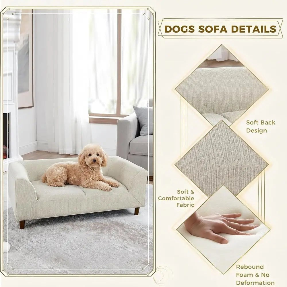 Memory Foam Dog Sofa Bed with Backrest and Armrest, Elevated Pet Couch Bed with Wooden Legs, Beige