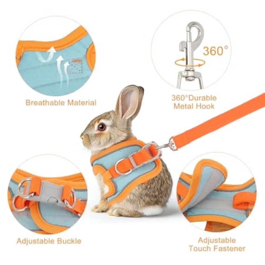 Adjustable Rabbit Harness and Leash Set Double Buckle with Reflective Strips Soft Bunny Breathable Vest Harness for Kitten Ferr