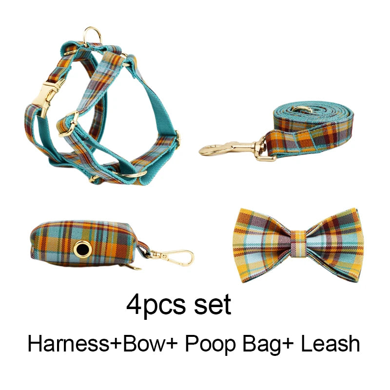 Mincy Pets Personalized Cotton Dog Collar Harness Bow Set product photo.